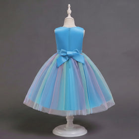 Girls Blue Sequin Embellished Fit & Flare Party Wear Dress With Flower Applique Party Dresses