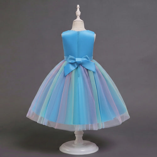 Girls Blue Sequin Embellished Fit & Flare Party Wear Dress With Flower Applique Party Dresses