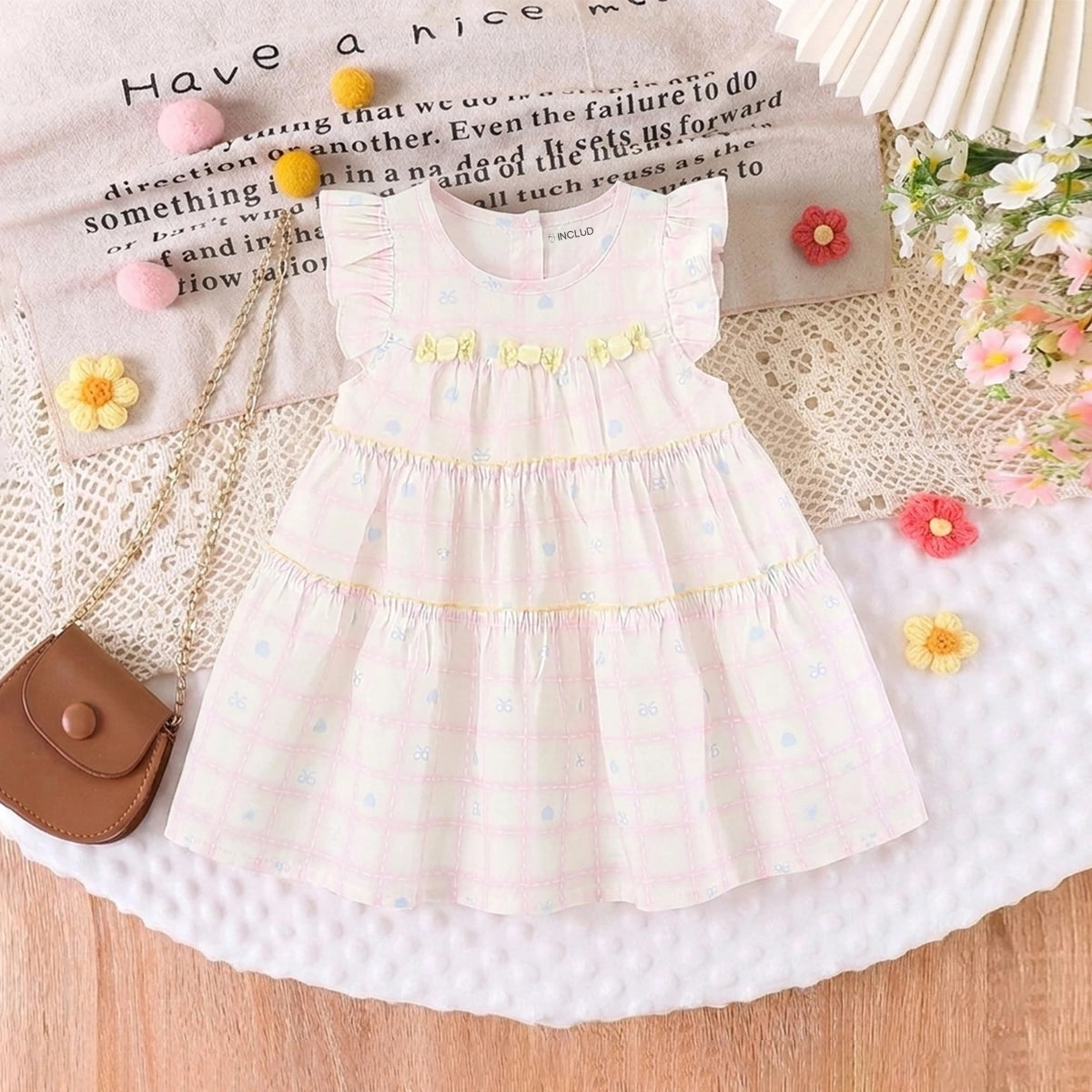 Girls Light Pink Checked Tiered Dress With Bow Details Casual Dresses Light Pink 1-2 Y