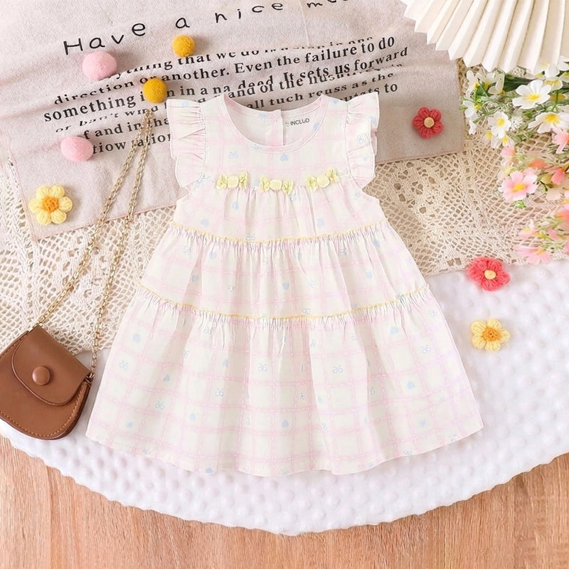 Girls Light Pink Checked Tiered Dress With Bow Details Casual Dresses Light Pink 1-2 Y