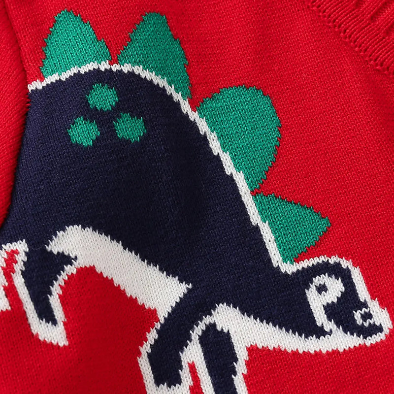 Boys Red Self-Design Dinosaur Pattern Button Down Cardigan Sweaters & Cardigans