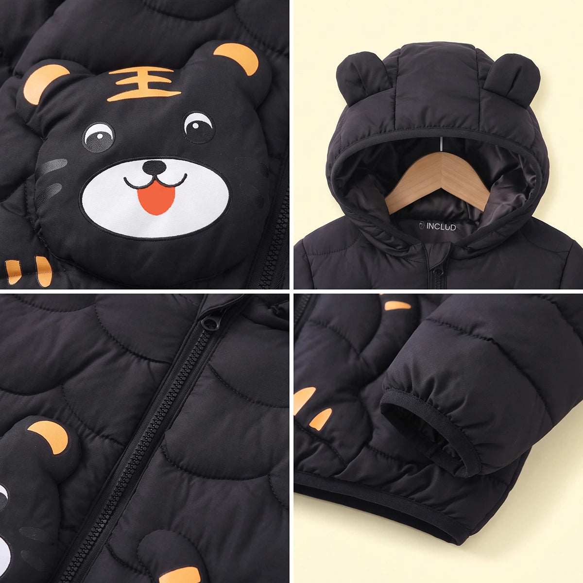 Boys Black Bear Ear On Hood Quilted Zip-up Jacket Coats & Jackets