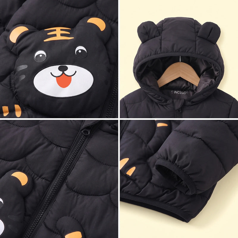 Boys Black Bear Ear On Hood Quilted Zip-up Jacket Coats & Jackets