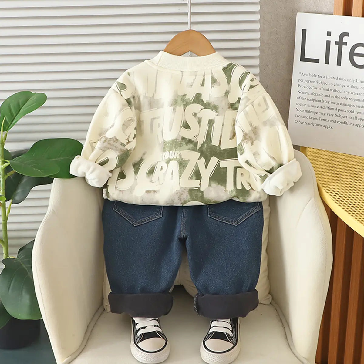 Boys Green Typographic Regular Sweatshirt With Denim Trousers Sets 2 pc. Sets