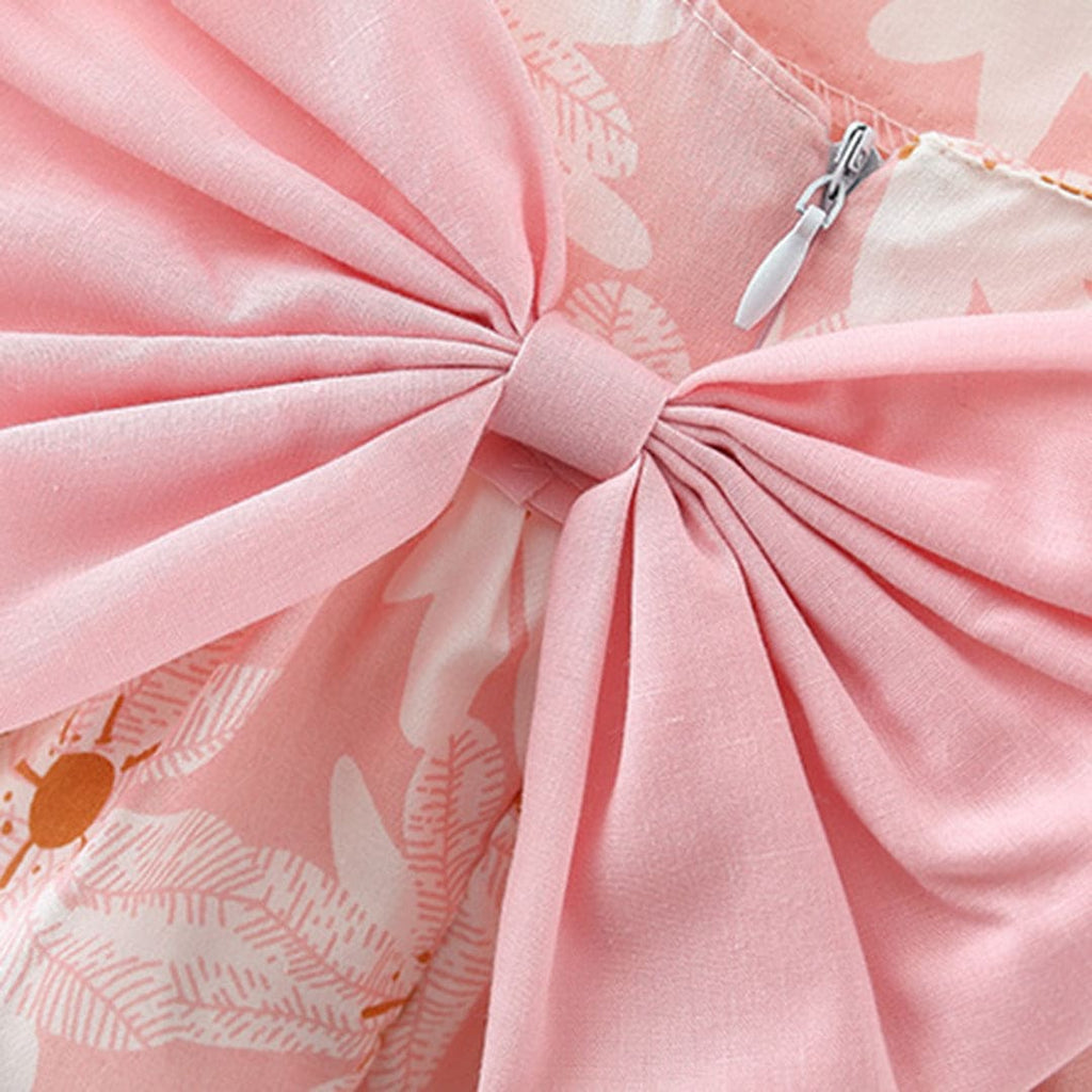 Girls Floral Print Puff Sleeves Dress With Bow Casual Dresses   