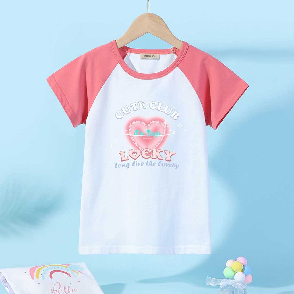 Girls Raglan Sleeve Heart Graphic T-Shirt