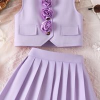 Girls Lavender Rose Applique Sleeveless Top with Pleated Skirt Sets 2 pc. Sets