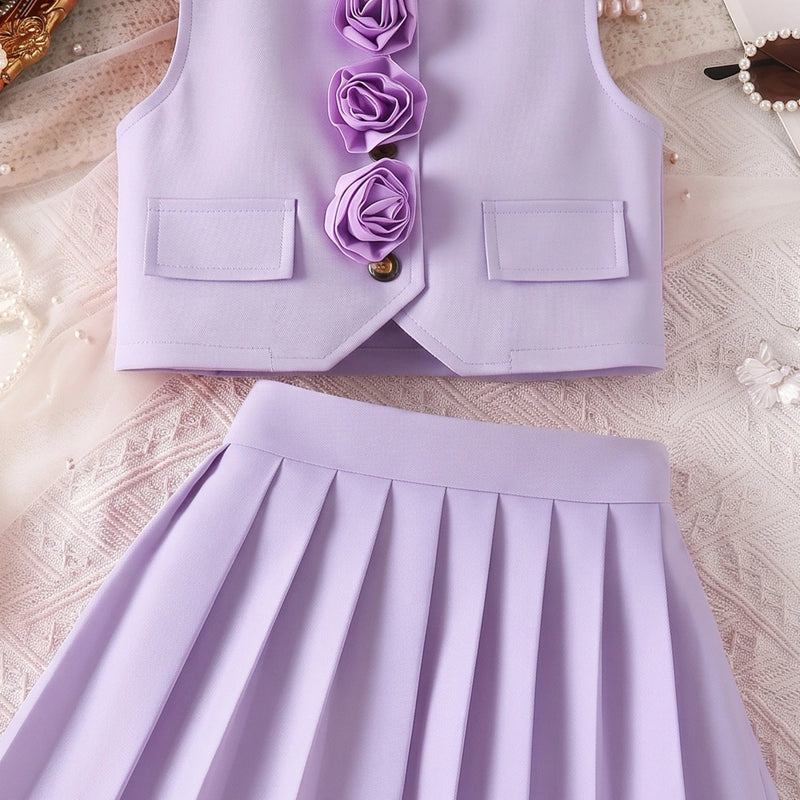 Girls Lavender Rose Applique Sleeveless Top with Pleated Skirt Sets 2 pc. Sets