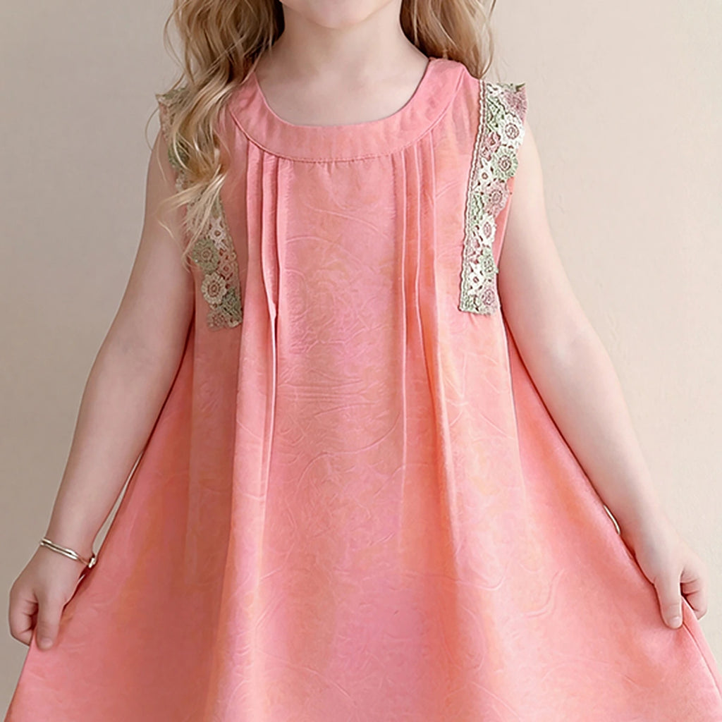 Girls Peach Self-Design Sleeveless A-Line Dress Casual Dresses
