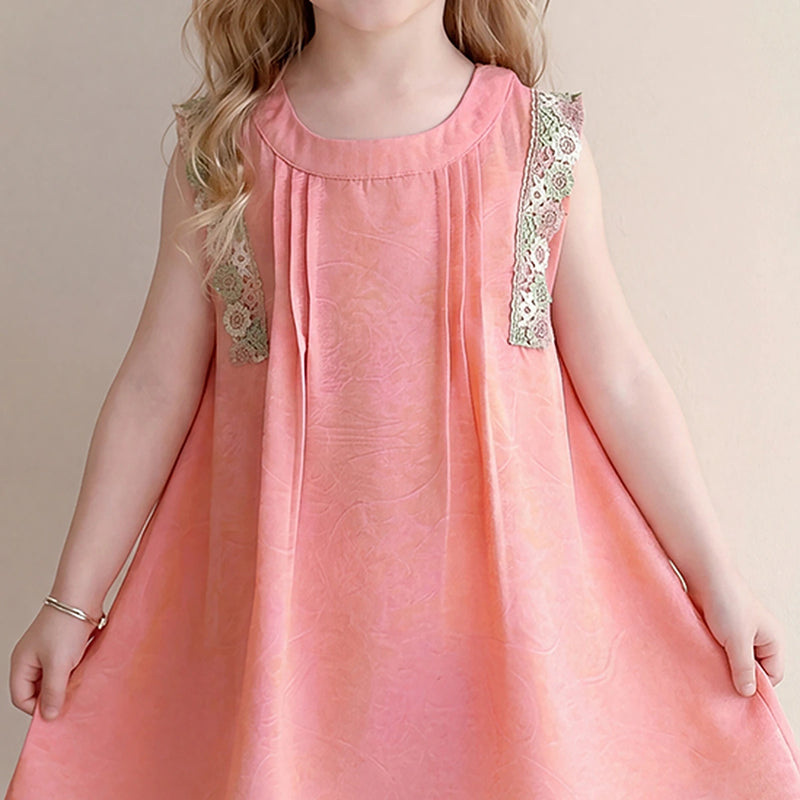 Girls Peach Self-Design Sleeveless A-Line Dress Casual Dresses