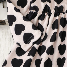 Girls Black Heart Print Fit & Flare Dress With Faux Leather Jacket Casual Dresses