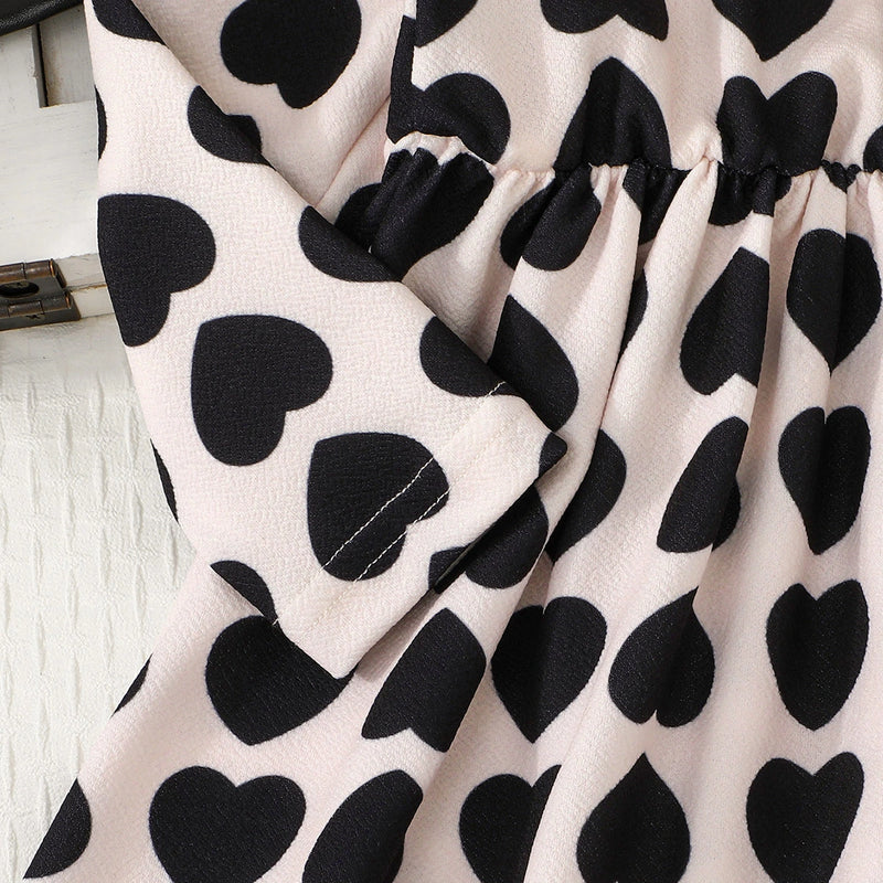 Girls Black Heart Print Fit & Flare Dress With Faux Leather Jacket Casual Dresses
