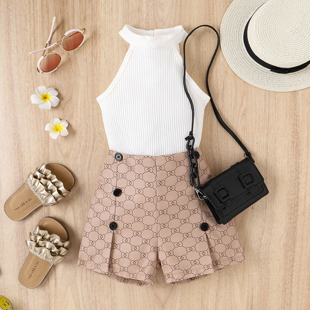 Girls Halter Neck Knitted Top With Printed Skirt