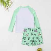 Boys Mint Green Alphanumeric Print T-Shirt With Shorts Swimwear Sets Beachwear