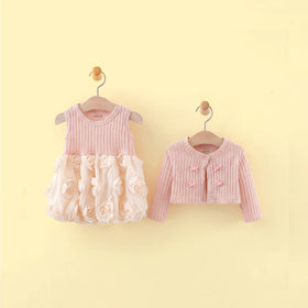 Girls Pink Rose Applique Sleeveless Balloon Dress With Shrug Casual Dresses