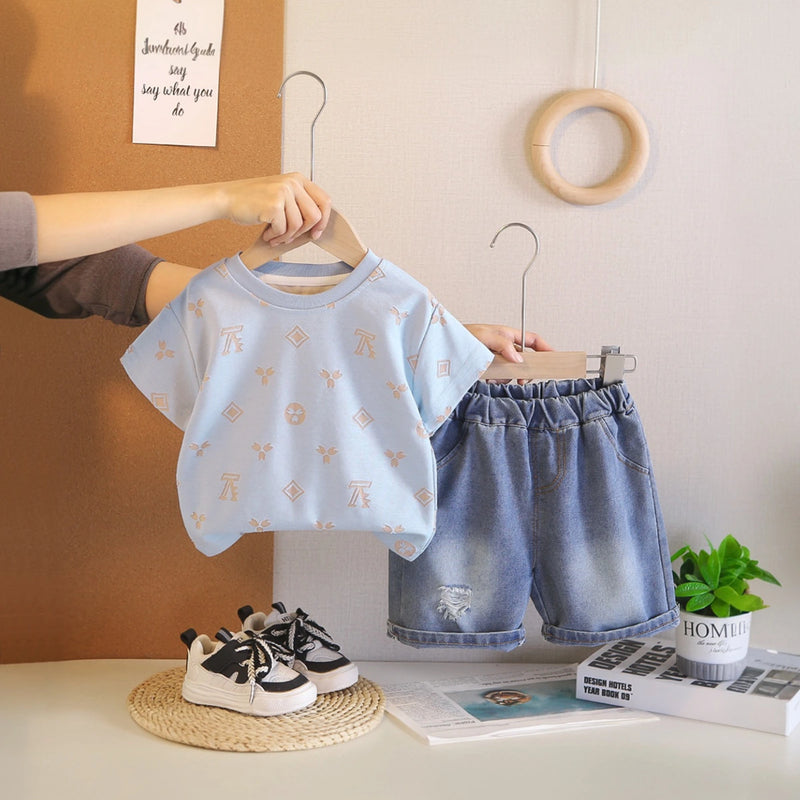 Boys Light Blue Short Sleeve Graphic T-Shirt With Denim Shorts Sets 2 pc. Sets Light Blue 1-2 Y