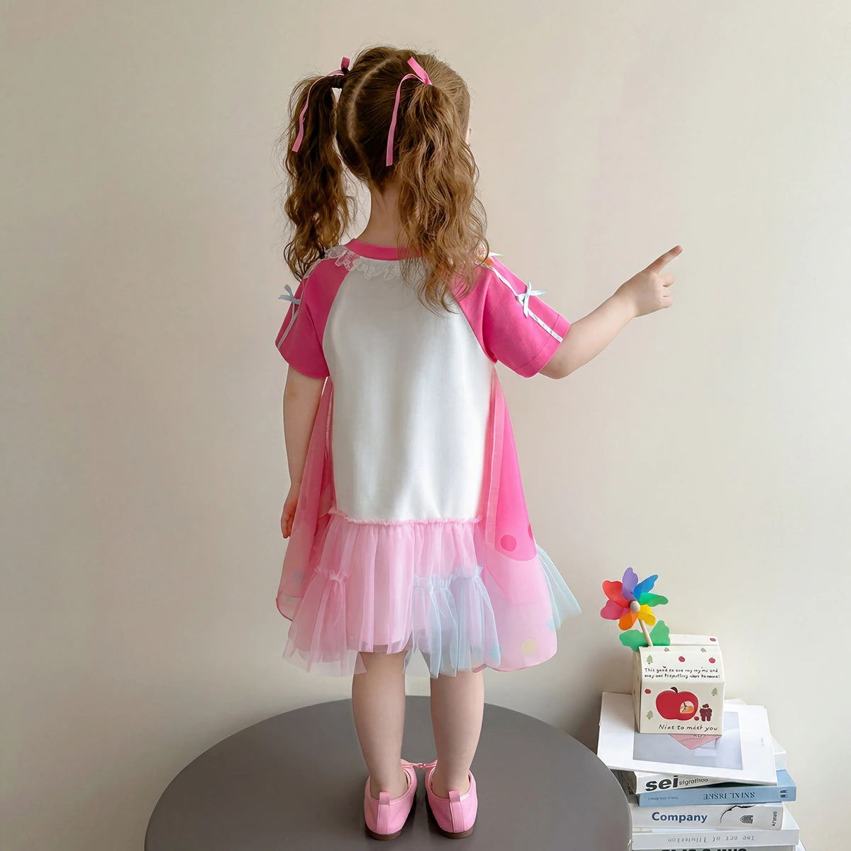 Girls Pink Unicorn Print T-Shirt Dress With Tulle Ruffles Casual Dresses