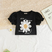 Girls Black Floral Printed Puff Sleeves Top With Denim Shorts Set Sets