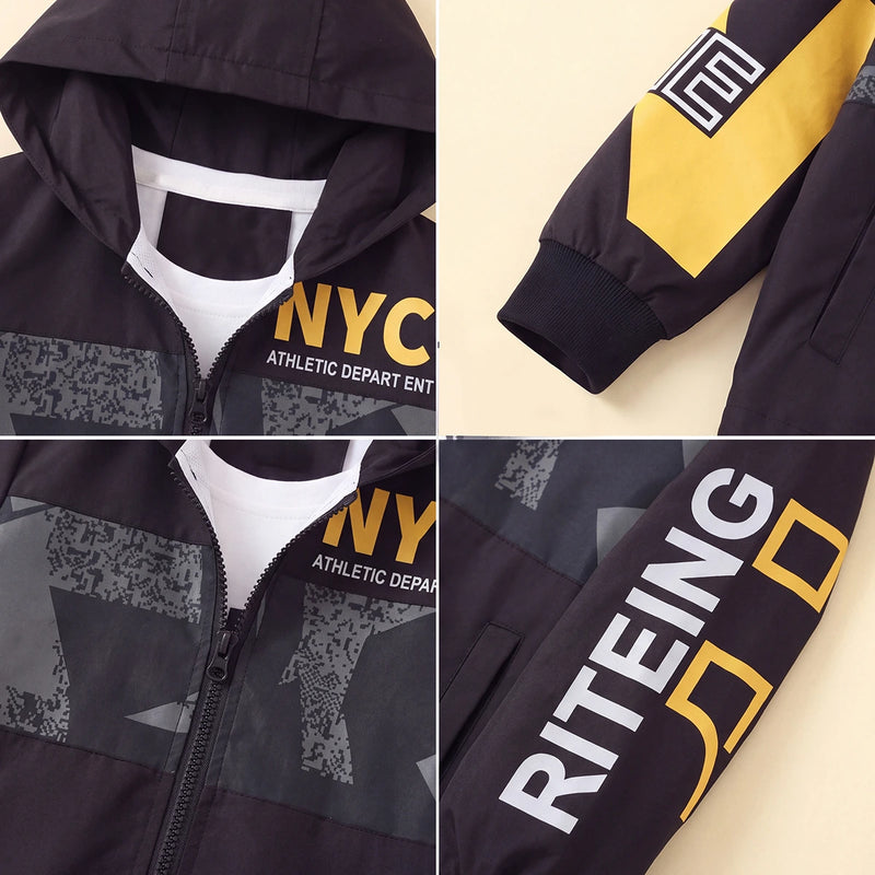 Boys Yellow Letter Printed Front Open Trendy Hooded Jacket Coats & Jackets