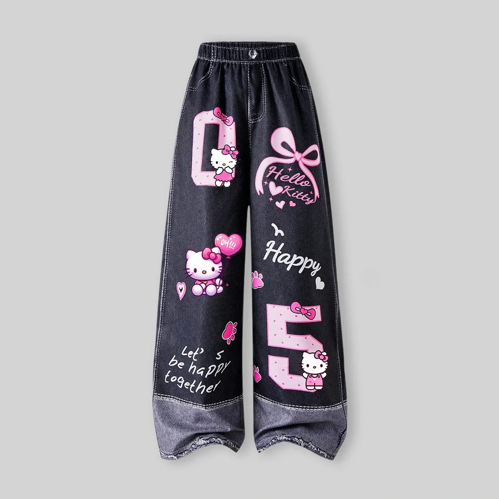 Girls Black Denim-Style Print Knitted Wide-Leg Pants Pants