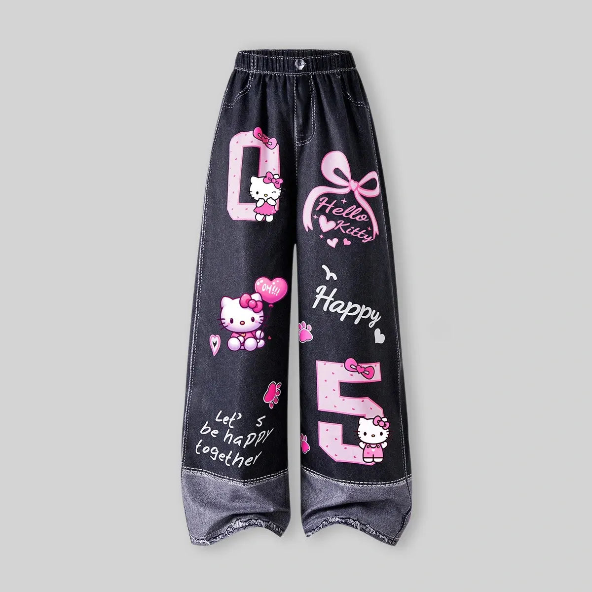 Girls Black Denim-Style Print Knitted Wide-Leg Pants Pants