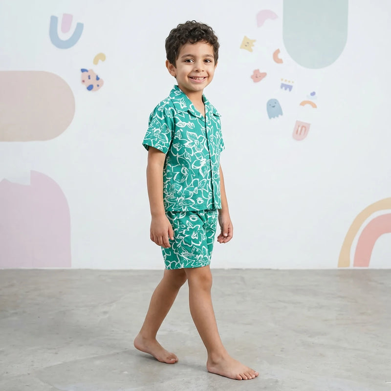 Boys Green Floral Printed Short Sleeve Shirt With Elasticated Shorts Sets Sets