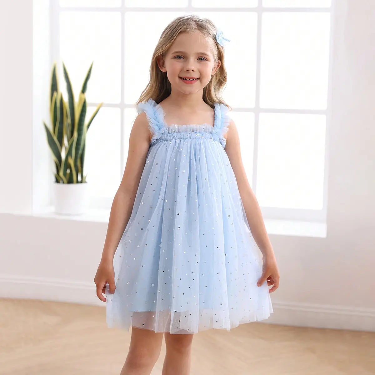 Girls Sky Blue Polka Dot Print Tulle Overlay Sleeveless A-line Dress Casual Dresses Sky Blue 3-4 Y