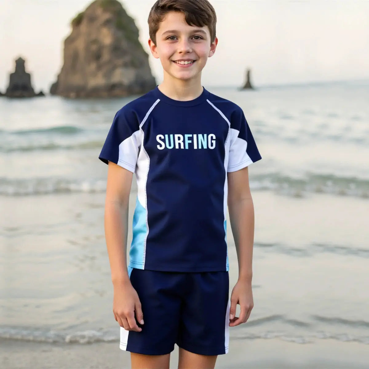 Boys Navy Blue Typographic Printed Short Sleeves T-Shirt & Shorts Swimsuit Sets Sets