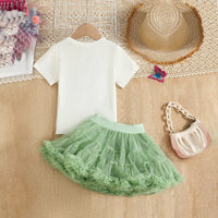 Girls 3D Butterfly Applique Top With Green Tiered Tulle Skirt Sets Sets