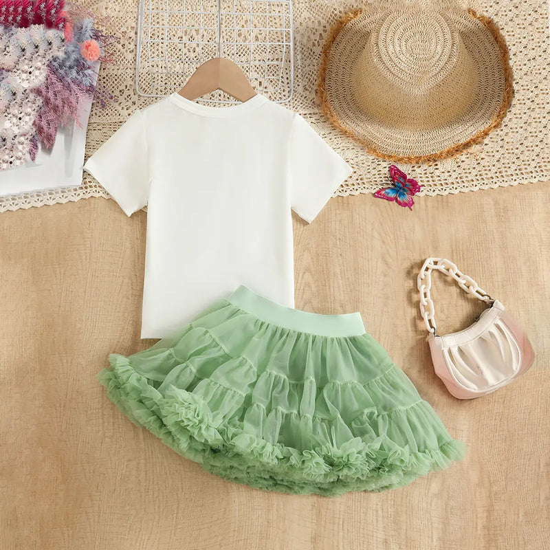 Girls 3D Butterfly Applique Top With Green Tiered Tulle Skirt Sets Sets