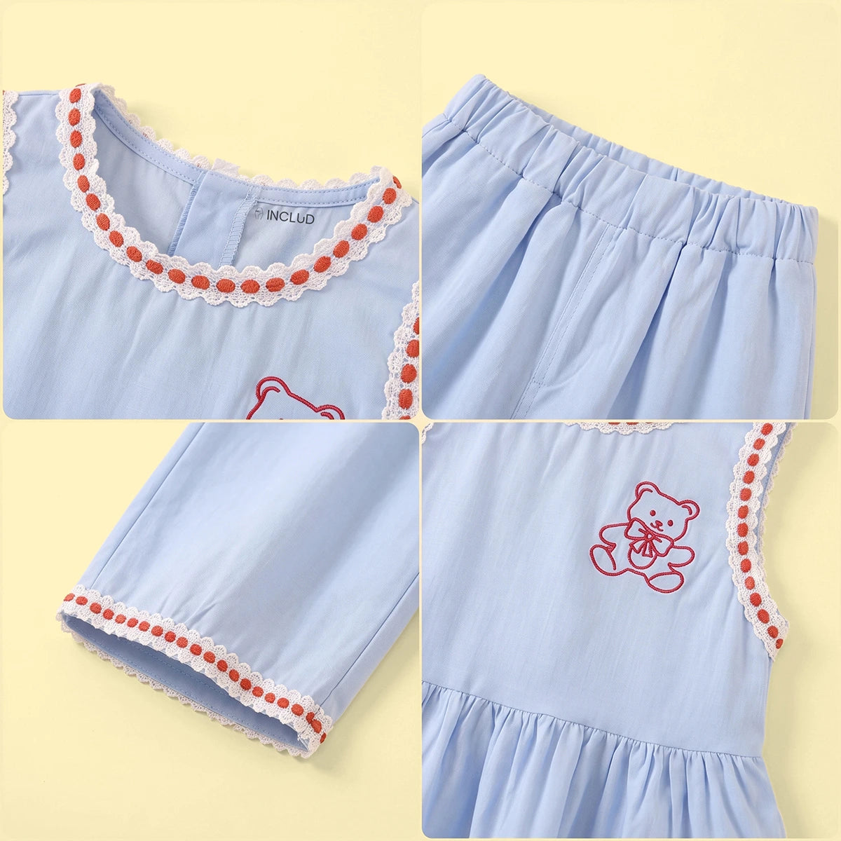 Girls Light Blue Bear Embroidered Sleeveless Top with Pants Sets 2 pc. Sets