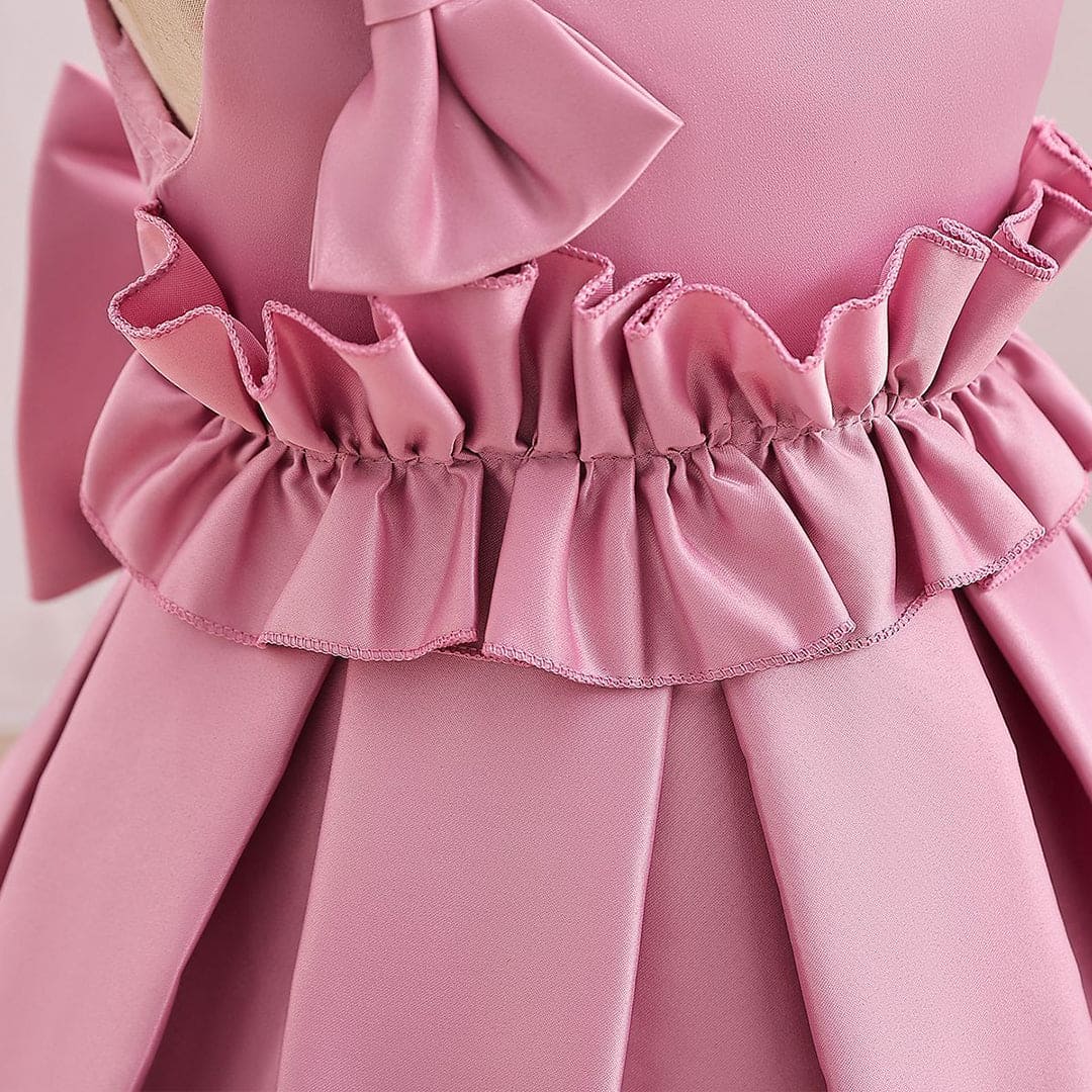 Girls Bow Applique Pleated Party Wear Dress Party Dresses   