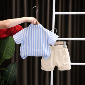 Boys Blue Stripes Short Sleeve Shirt With Elasticated Shorts Set 2 pc. Sets