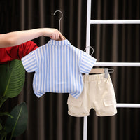 Boys Blue Stripes Short Sleeve Shirt With Elasticated Shorts Set 2 pc. Sets