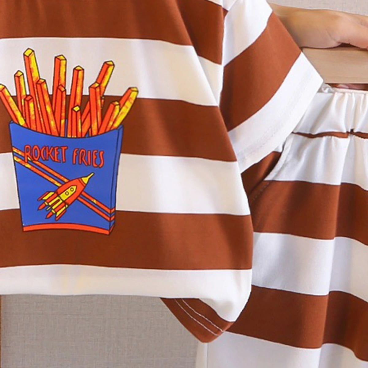Boys Brown Rocket Fries Striped T-Shirt With Elasticated Shorts Sets 2 pc. Sets