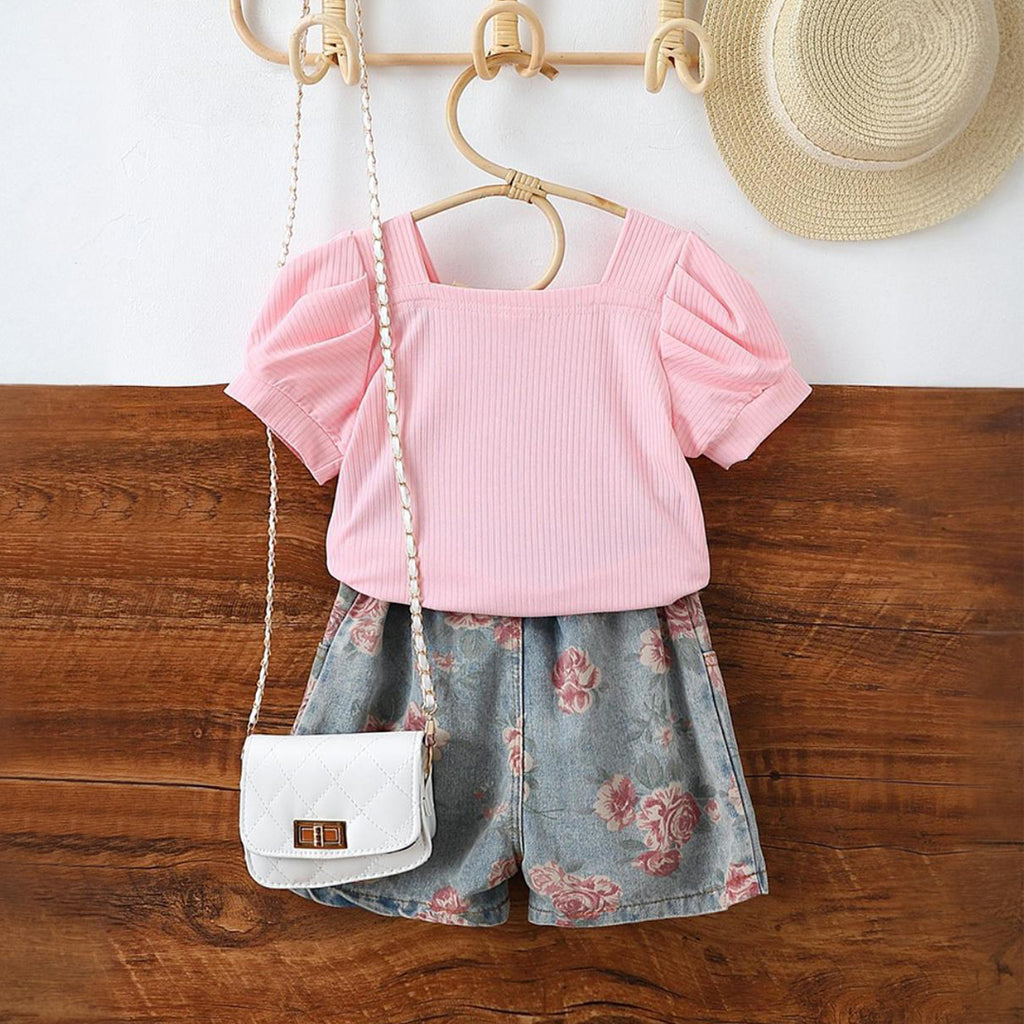 Girls Square Neck Top With Floral Printed Denim Shorts Sets