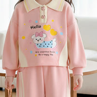 Girls Pink Puppy Cartoon Printed Polo T-Shirt With Jogger Sets Sets
