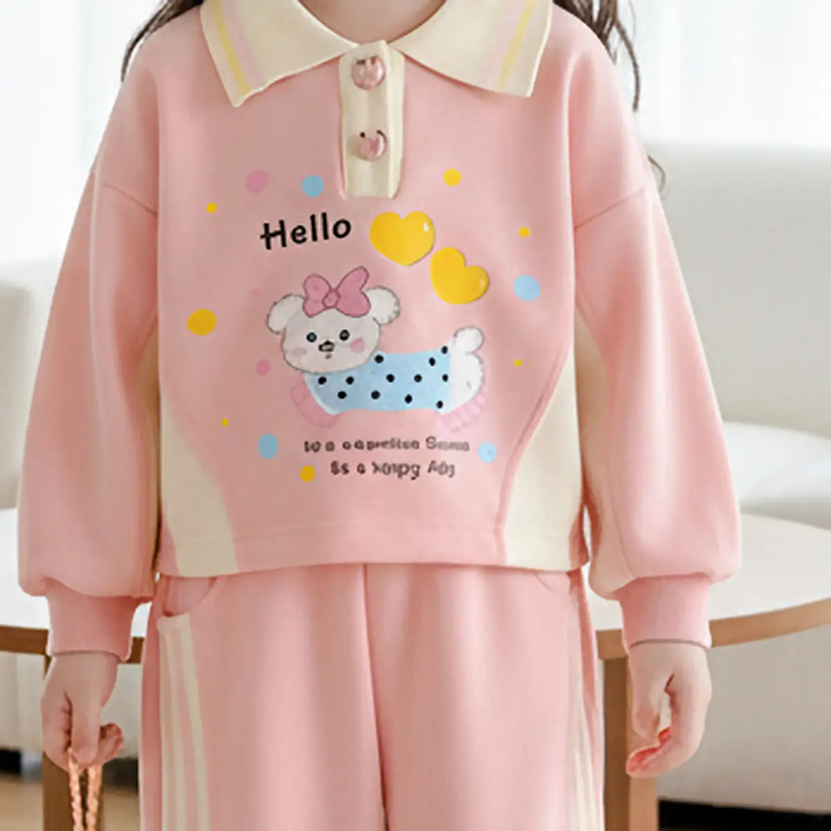 Girls Pink Puppy Cartoon Printed Polo T-Shirt With Jogger Sets Sets