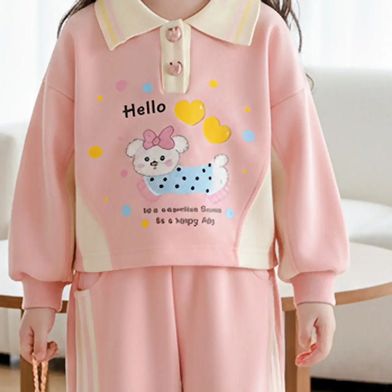 Girls Pink Puppy Cartoon Printed Polo T-Shirt With Jogger Sets Sets