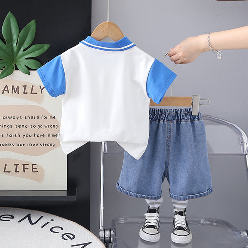 Boys Blue Dinosaur Printed Polo T-Shirt With Denim Shorts Set 2 pc. Sets