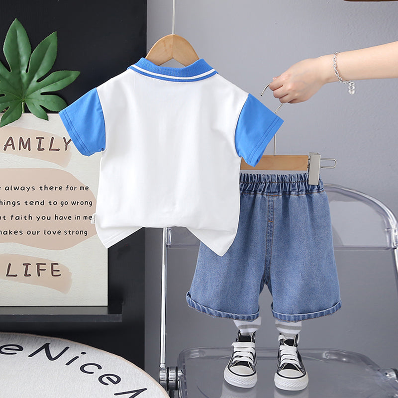 Boys Blue Dinosaur Printed Polo T-Shirt With Denim Shorts Set 2 pc. Sets