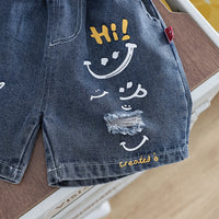 Boys Beige Typographic Print T-Shirt With Distressed Denim Shorts Set Sets