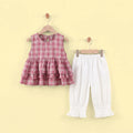 Girls Pink Checked Sleeveless Layered Top With Pants Sets 2 pc. Sets Pink 1-2 Y