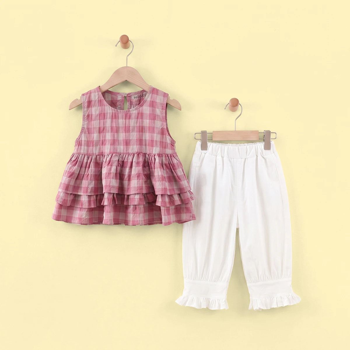 Girls Pink Checked Sleeveless Layered Top With Pants Sets 2 pc. Sets Pink 1-2 Y