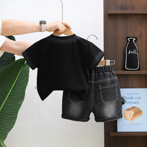 Boys Black Typographic Print T-Shirt With Denim Shorts Set Sets