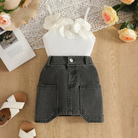 Girls White 3D Flower Applique Sleeveless Top With Denim Skirt Sets Sets White 2-3 Y