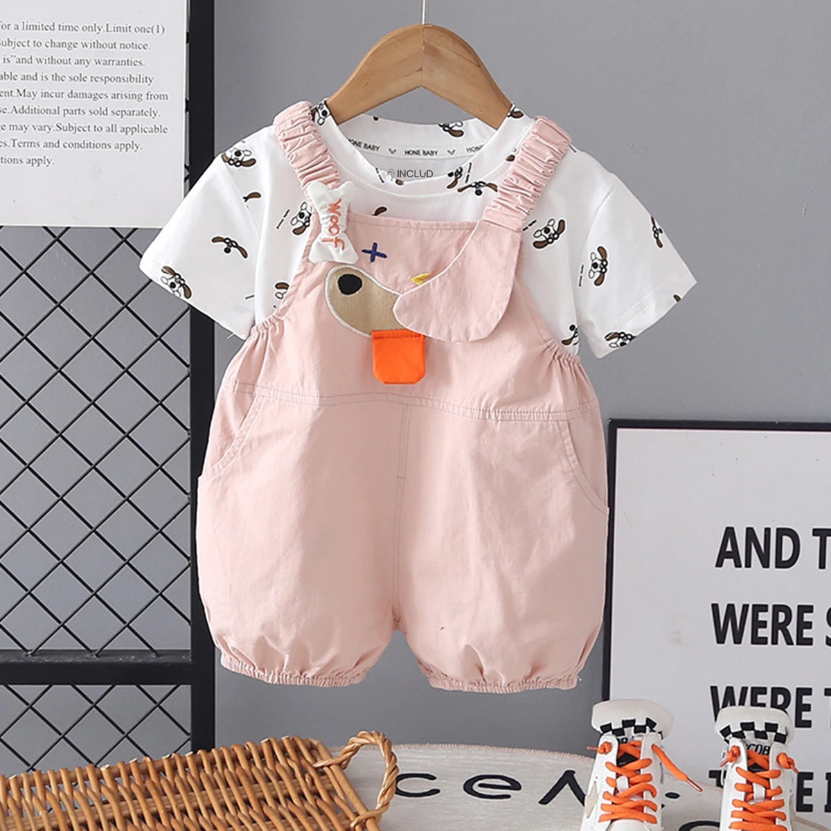 Boys Light Pink Animal Motif Short Sleeve T-Shirt With Dungaree Sets 2 pc. Sets Light Pink 1-2 Y