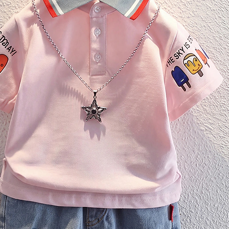 Boys Light Pink Short Sleeve Polo T-Shirt With Denim Shorts Sets 2 pc. Sets