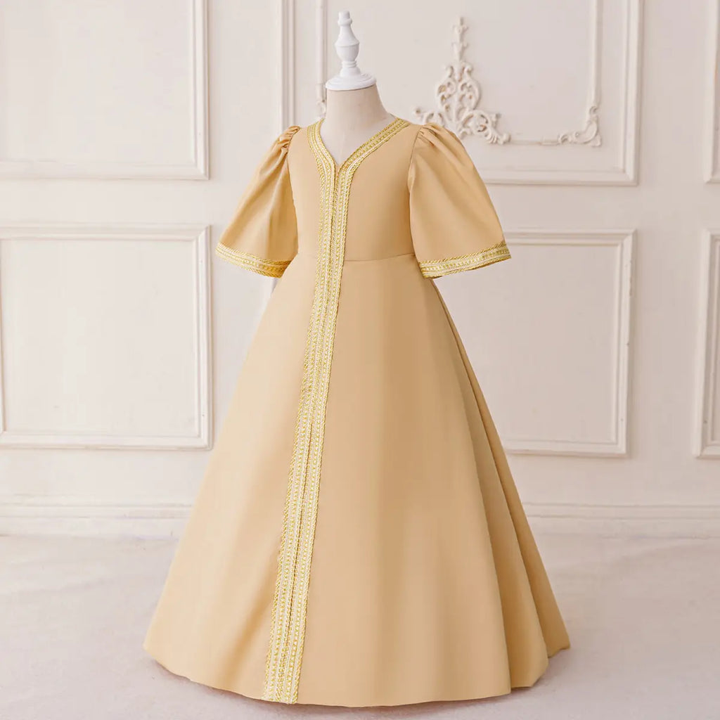 Girls Beige Embroidered Maxi Dress With Short Sleeves Casual Dresses