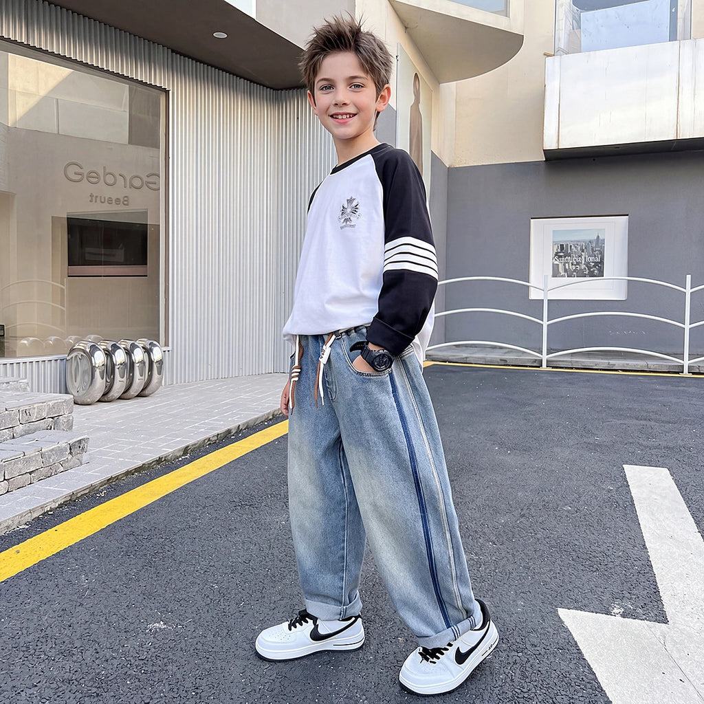 Boys Light Blue Striped Baggy Fit Denim Jeans Pants Light Blue 5-6 Y